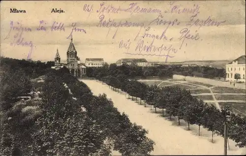 Ak Mlawa Mielau Polen, Aleja, Allee mit Kirche
