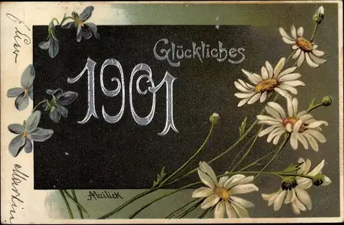 Künstler Ak Mailick, Glückwunsch Neujahr 1901, Margeriten, Veilchen