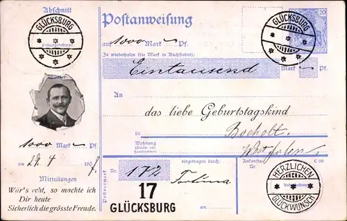 Ak Überweisung an das Geburtstagskind, 1000 Mark, Stempel