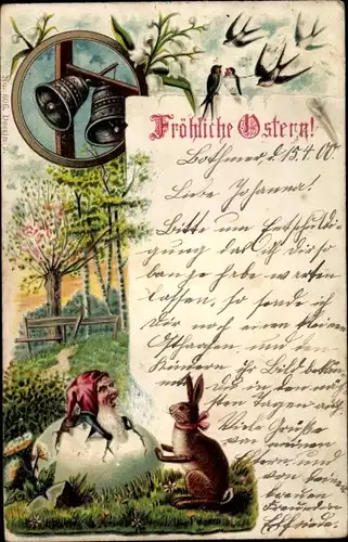 Ak Glückwunsch Ostern, Zwerg im Ei, Osterhase, Glocken, Schwalben
