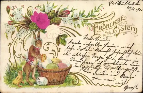 Präge Stoff Ak Glückwunsch Ostern, Küken schlüpfen aus, Osterhase als Mutter