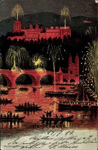 Ak Heidelberg am Neckar, Brücke, Feuerwerk, Ruderboote
