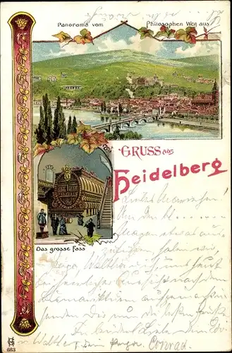 Litho Heidelberg am Neckar, Blick vom Philosophenweg aus, das große Fass