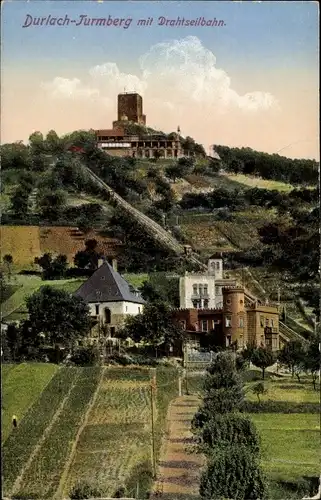 Ak Durlach Karlsruhe Baden Württemberg, Turmberg mit Drahtseilbahn