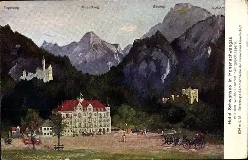 Künstler Ak Füssen im Ostallgäu, Hotel Schwansee, Säuling, Tegelberg, Straußberg