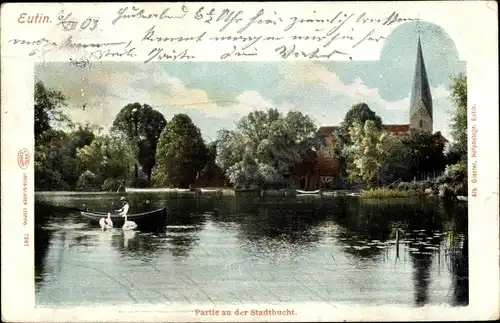 Ak Eutin in Ostholstein, Partie an der Stadtbucht, Ruderboot, Kirche