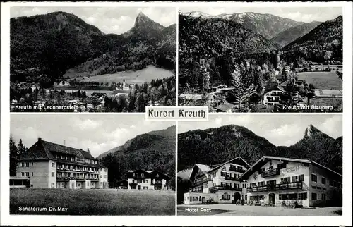 Ak Kreuth am Tegernsee Oberbayern, Blauberg, Hotel Post, Sanatorium Dr. May, Leonhardstein
