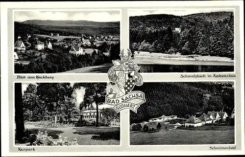 Ak Bad Sachsa im Harz, Schmolzteich, Katzenstein, Schwimmbad, Blick vom Knickberg, Kurpark