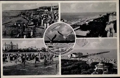 Ak Ostseebad Zinnowitz auf Usedom, Strandpartie, Möwen, Anlegestelle