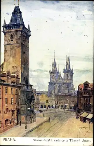 Künstler Ak Praha Prag, Staromestska radnice, Tynsky chram, Altstädter Rathaus, Teinkirche