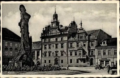 Ak Kolín Köln an der Elbe Mittelböhmen, Denkmal, Rathaus, Platz