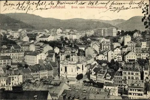 Ak Karlovy Vary Karlsbad Stadt, Blick vom Hirschensprung