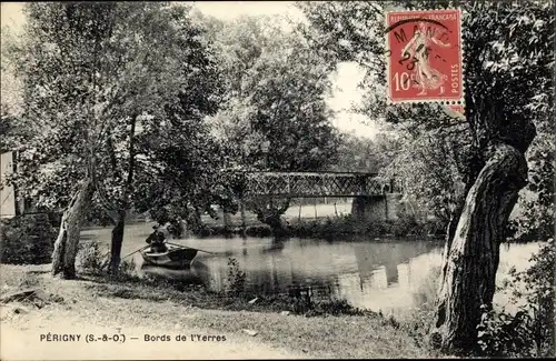 Ak Perigny Val de Marne, Bords de l'Yerres, Mann im Ruderboot