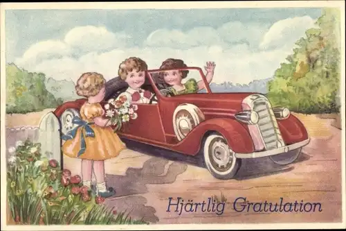 Ak Glückwunsch, Kinder im roten Auto, Blumen