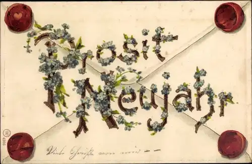 Präge Ak Glückwunsch Neujahr, Schriftzug mit Blumen verziert, Brief, Siegel