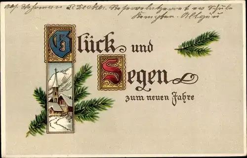 Präge Ak Glückwunsch Neujahr, Glück und Segen, Kirche, Tannenzweig