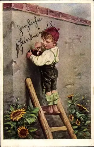 Künstler Ak Kaulbach, H., Der kleine Gratulant, Junge auf einer Leiter, Sonnenblumen