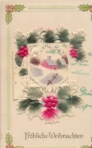 Präge Ak Frohe Weihnachten, Dorfpartie, Stechpalmenzweige