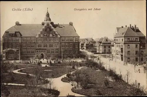 Ak Gröba Riesa an der Elbe Sachen, Georgplatz mit Schule