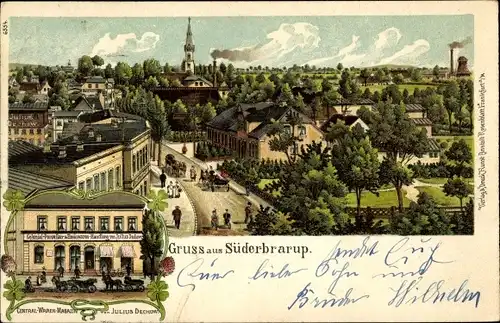 Litho Süderbrarup in Angeln, Warenmagazin von Julius Dechow, Stadtpanorama