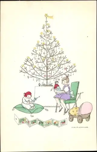 Künstler Ak Köhler, Mela, Frohe Weihnachten, Tannenbaum, Kinder mit Puppen