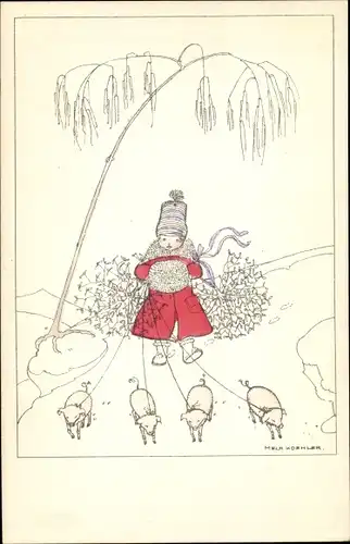 Künstler Ak Köhler, Mela, Glückwunsch Neujahr, Mädchen mit Schweinen, Mistelzweige