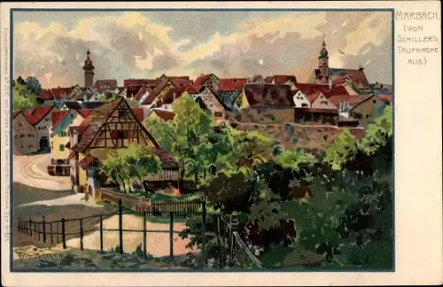 Künstler Litho Bergen, Fritz, Marbach am Neckar, Blick von Schiller's Taufkirche