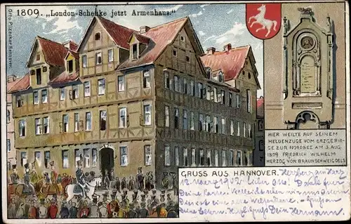 Litho Hannover in Niedersachsen, London Schenke, jetzt Armenhaus, 1809