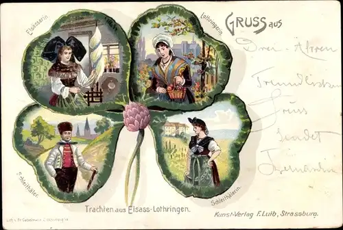 Kleeblatt Litho Trachten aus Elsaß Lothringen, Elsässerin, Lothringen, Schleitäler