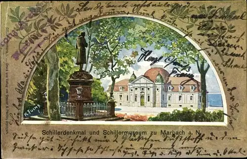 Passepartout Ak Fuchs, Karl, Marbach Neckar, Schillerdenkmal und Schillermuseum