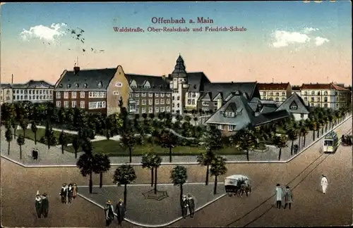 Ak Offenbach am Main Hessen, Waldstraße, Oberrealschule, Friedrichschule, Straßenbahn