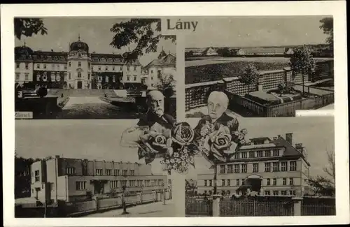 Ak Lány u Rakovníka Lahn in Mittelböhmen, Schloss, Masaryk, Portrait, Rosen, Grab, Gebäude