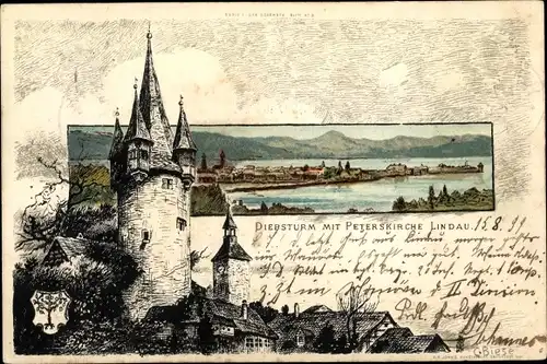 Passepartout Künstler Litho Biese, C., Lindau Bodensee Schwaben, Panorama, Diebsturm m. Peterskirche