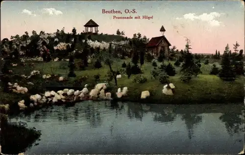Ak Bytom Beuthen Oberschlesien, Promenade mit Hügel, Pavillon, Uferpartie