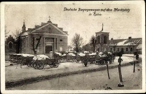 Ak Kolno Podlachien Polen, Deutsche Bagagenwagen auf dem Marktplatz, Schneelandschaft