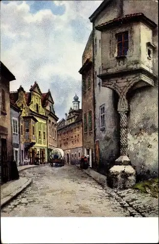 Künstler Ak Fischer, Wilhelm, Český Krumlov Krumau Reg. Südböhmen, Obere Gasse, Wohnhäuser, Fuhre