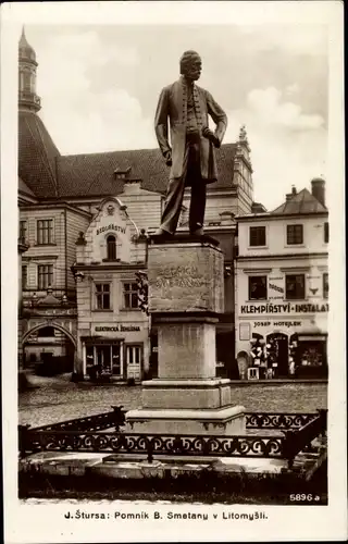 Ak Litomyšl Leitomischl Region Pardubice, Bedrich Smetana Denkmal, Josef Motejlek Klempnerei