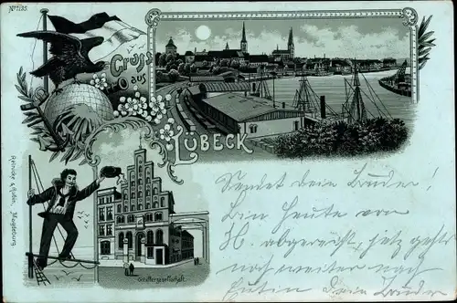 Mondschein Litho Lübeck in Schleswig Holstein, Schiffergesellschaft, Panorama vom Hafen