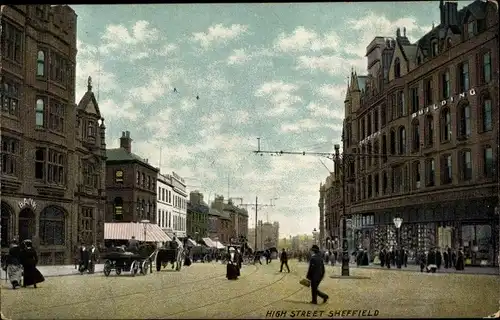 Ak Sheffield Yorkshire England, High Street, Fosters Building, Geschäftshäuser, Passanten