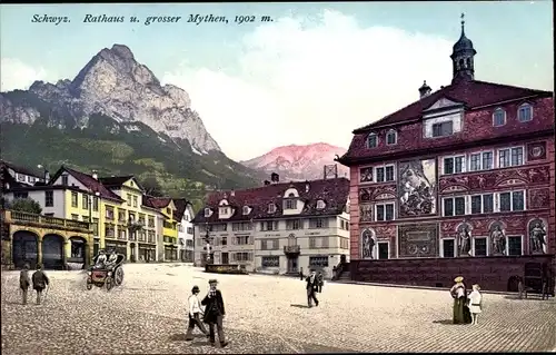 Ak Schwyz Stadt Schweiz, Rathaus und großer Mythen