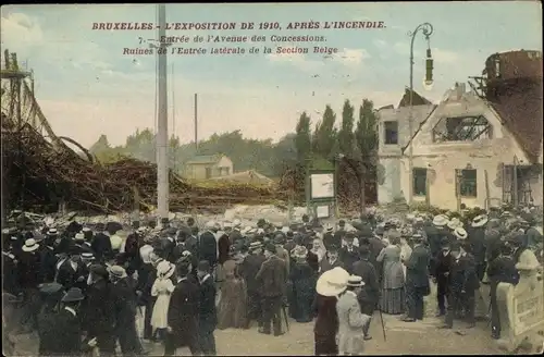 Ak Bruxelles Brüssel, Expo 1910, Entrée de l'Avenue des Concessions, Incendie