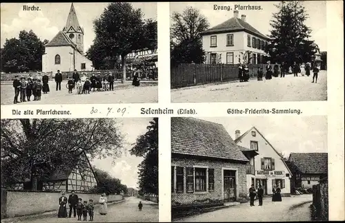 Ak Seffenheim Sefenheim Elsass Bas Rhin, Göthe Friderika Sammlung, Kirche, Pfarrhaus, Pfarrscheune