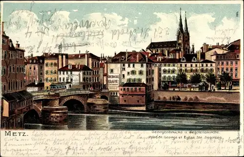 Litho Metz Moselle, Georgenbrücke, Segolenakirche, Straßenbahn