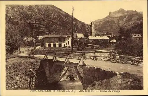 Ak Colmars les Alpes Alpes de Haute Provence, Entree du Village, Garage Moderne, Kirche