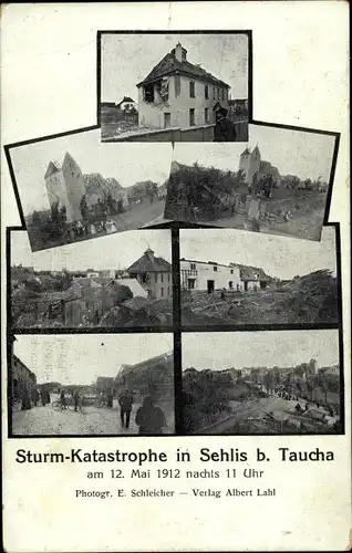 Ak Sehlis Taucha in Nordsachsen, Schäden nach dem Sturm 1912, Kirche, Wohnhäuser