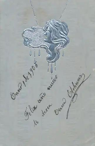 Präge Jugendstil Ak Anhänger an Kette, Frauenbildnis