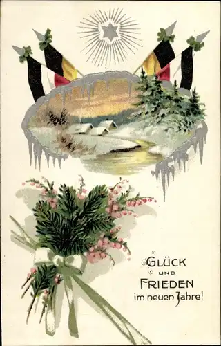 Präge Ak Glückwunsch Neujahr, Fahnen, Winterlandschaft 