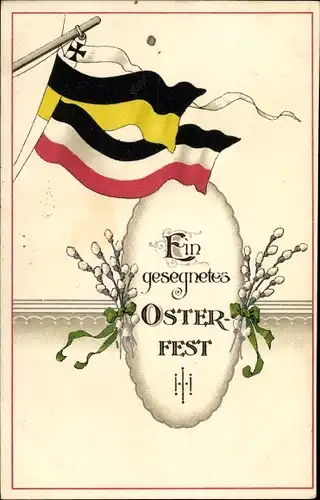 Ak Glückwunsch Ostern, Flaggen Deutsches Reich, Österreich, Weidenkätzchen, I. WK