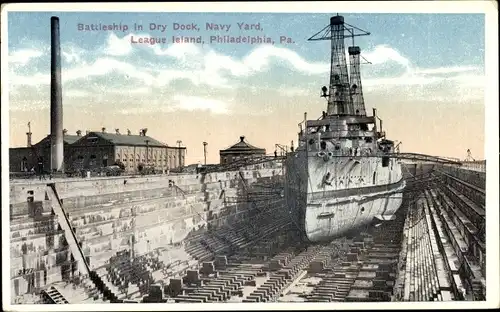 Ak League Island Philadelphia Pennsylvania USA, Battleship in Dry Dock, Navy Yard