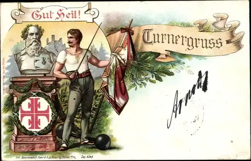 Litho Turnergruß, Turnfest, Büste Turnvater Jahn, Gut Heil